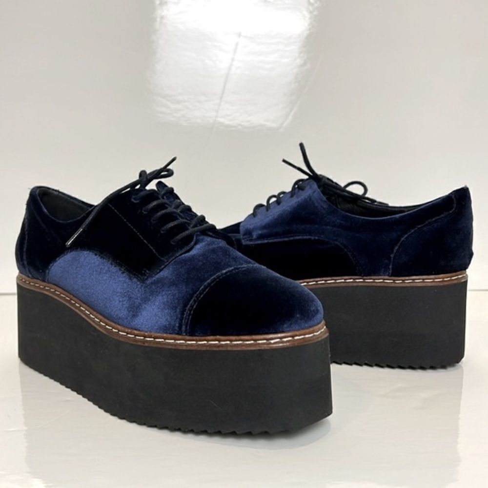 L’intervalle Blue‎ Velvet Platform Wedge Lace Up Shoes Size 38
